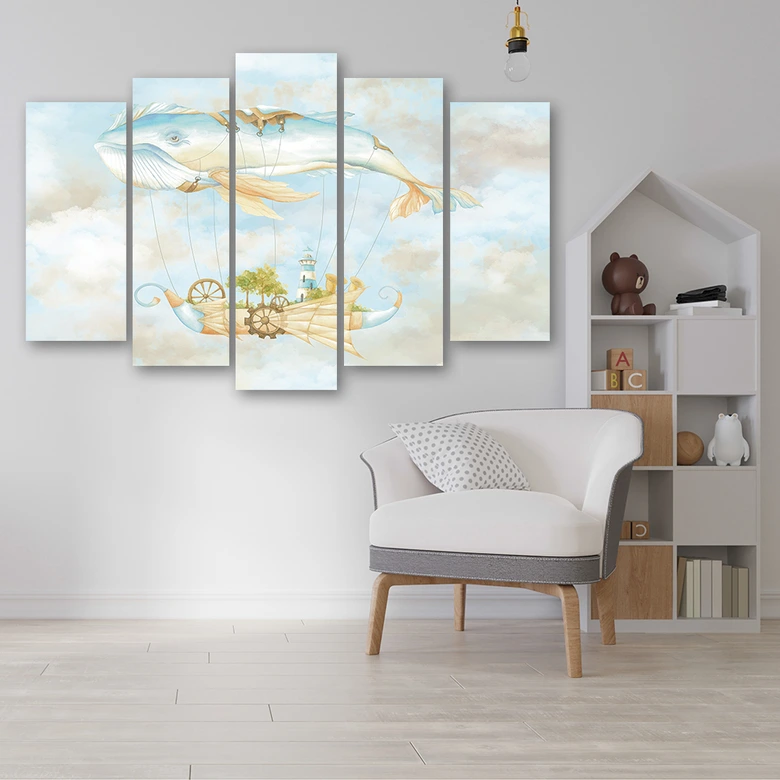 Leinwandbild 5 teilig, Fliegerwal und Schiff 