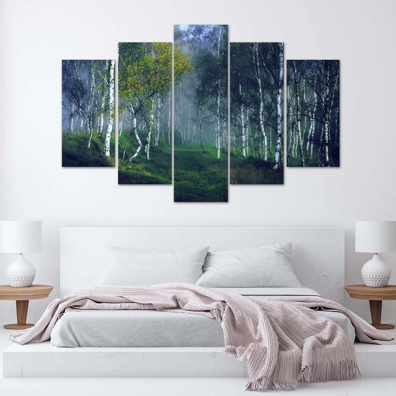 Wandbild 5-teilig, Birkenwald im Nebel Landschaft 