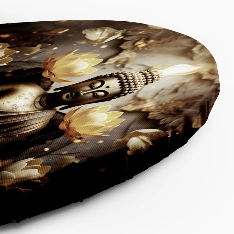 Rundes Leinwandbild AI Gold Buddha und Lotosblumen 