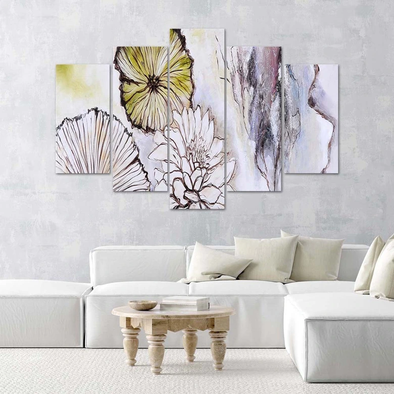 Leinwandbild 5 teilig, Aquarell Blumen Beige 