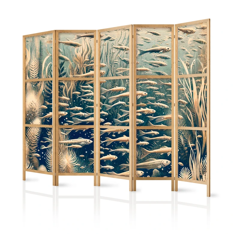Japanischer Paravent, Raumteiler freistehend, Trennwand - Life in the Ocean in Retro Style 