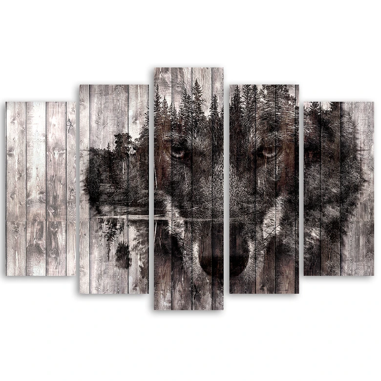 Wandbild 5-teilig, Wolf Wald Retro Vintage 
