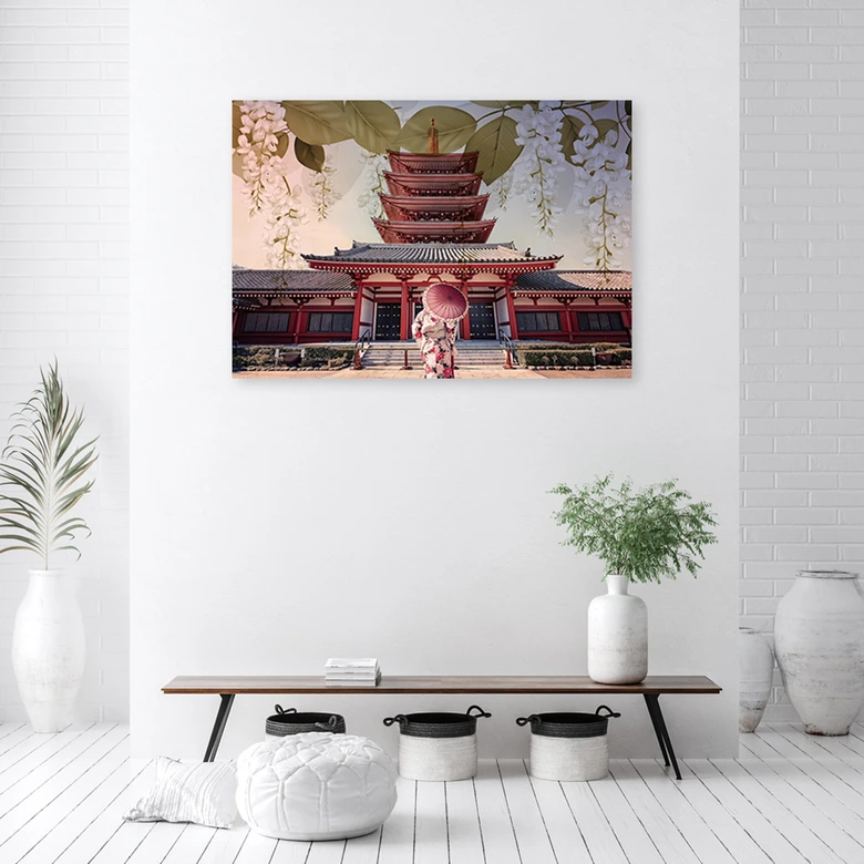 Leinwandbild, Japanische Geisha und Tempel 
