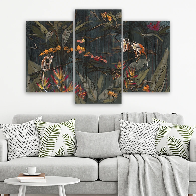 3-delige canvas print, Apen in de jungle 