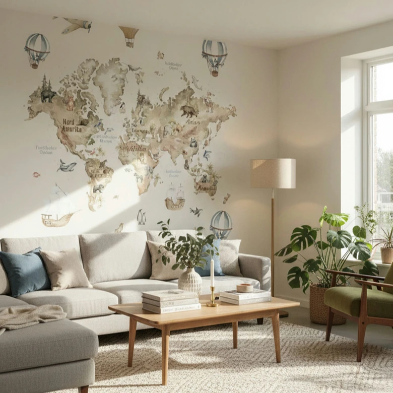 Wall Mural World Map Graphic Kids, non-woven wallpaper classic matt in beige 2,70 x 1,59 m 