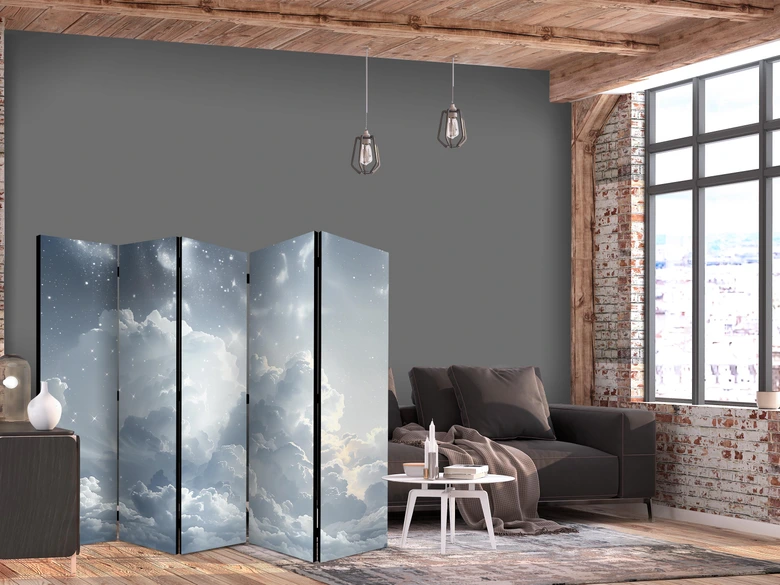 Paravent, Raumteiler freistehend, Trennwand - Astral Calm: Stars Scattered Above Gentle Clouds, 5-teilig - 225x172 cm 