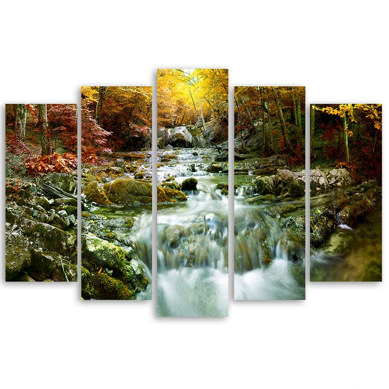 Leinwandbild 5 teilig, Herbst Wald Wasserfall Felsen 