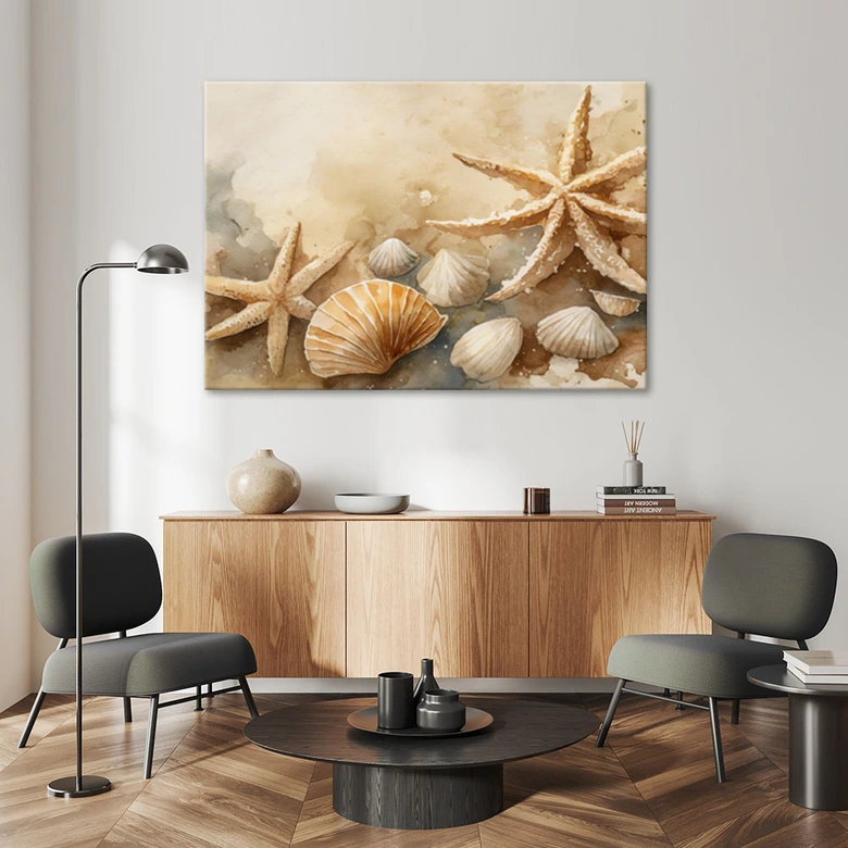 Leinwandbild Meeresmuscheln und Seesterne Acryl 