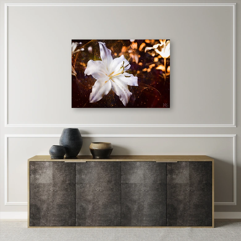 Canvas schilderij, Witte lelie op bruine achtergrond 