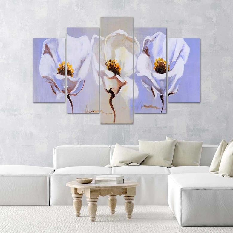 Leinwandbild 5 teilig, Blumen Weiß Natur 
