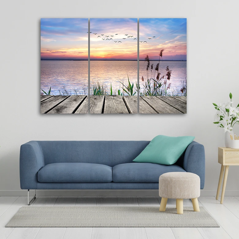 Leinwandbild 3-teilig, Steg Strand Sonnenuntergang  