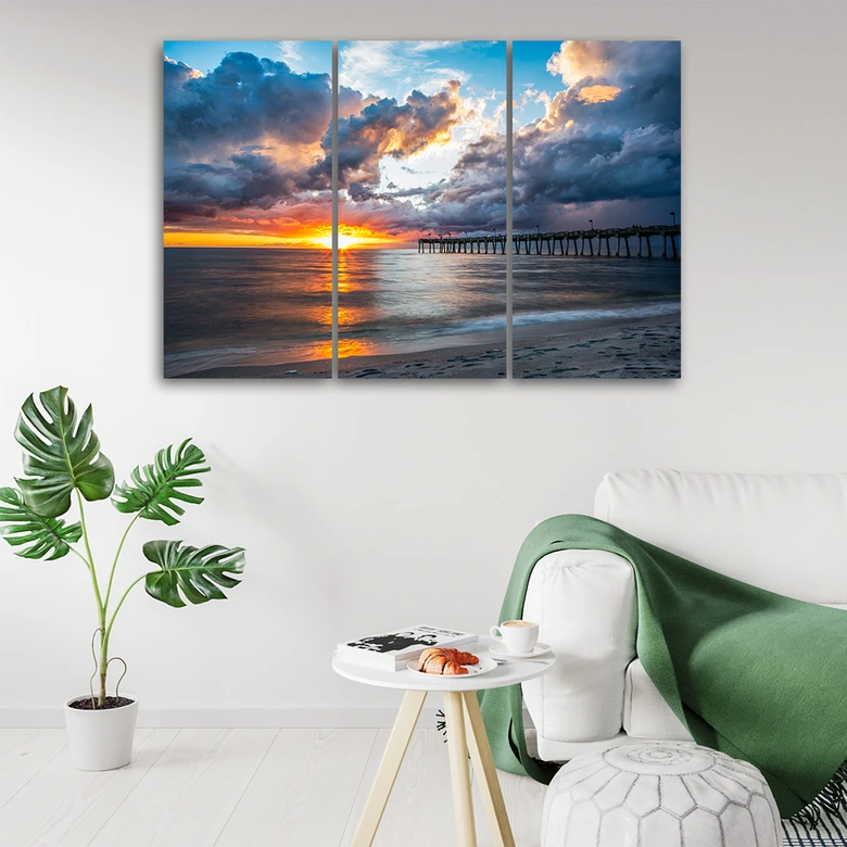 Leinwandbild 3-teilig, Meer bei Sonnenuntergang 