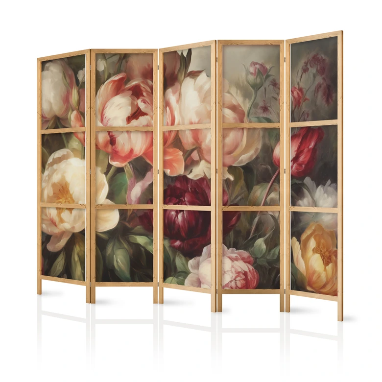 Japanischer Paravent, Raumteiler freistehend, Trennwand - Blooming Sunlit Peonies 