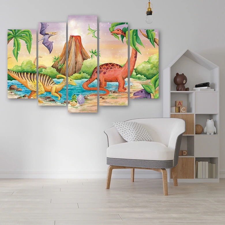 Leinwandbild 5 teilig, Dinosaurier am See 
