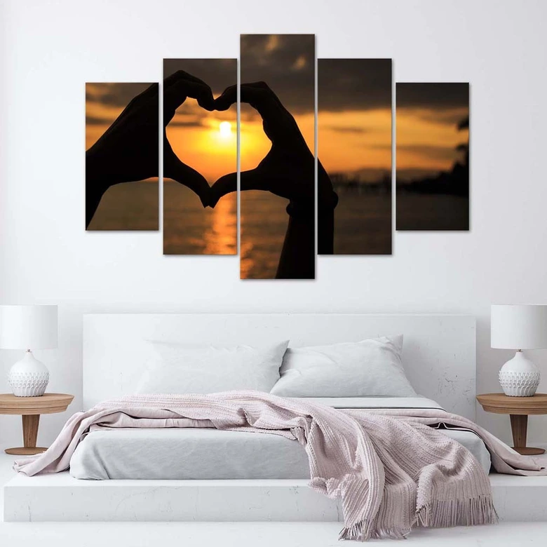 Wandbild 5-teilig, Hände zu einem Herz geformt Sonnenuntergäng 