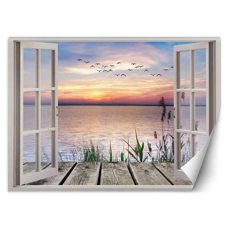 Fototapete Fensterblick Sonnenuntergang Steg Landschaft 