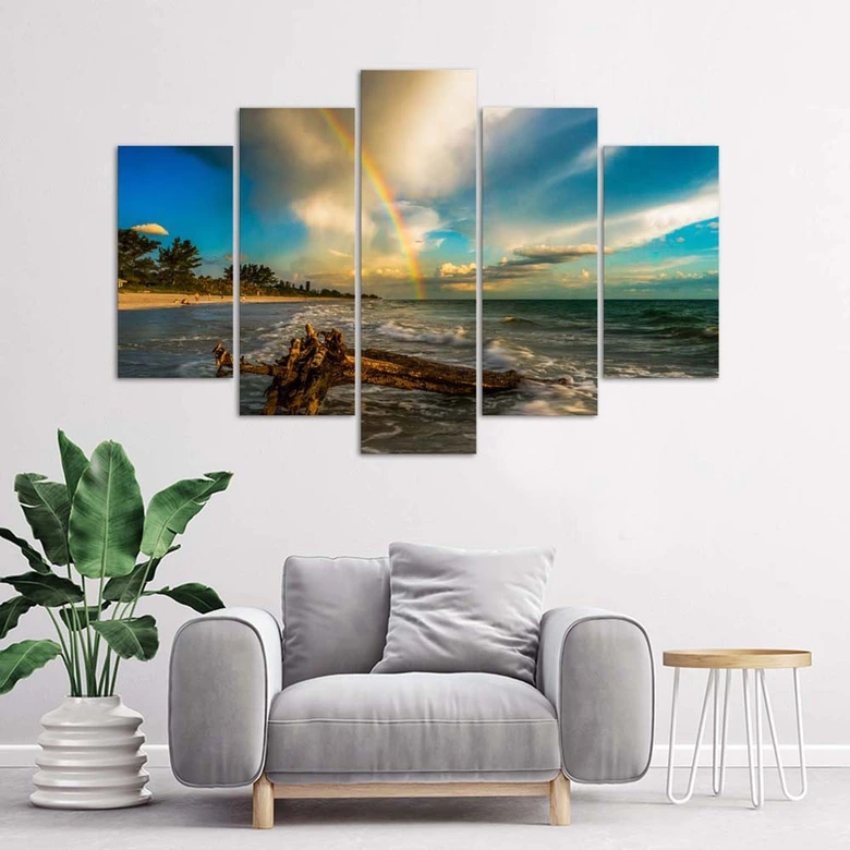 Leinwandbild 5 teilig, Strand Meer Himmel 