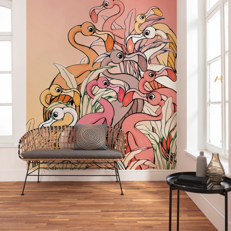 Vlies Fototapete - Flamingos and Lillys - 200 x 280 cm 