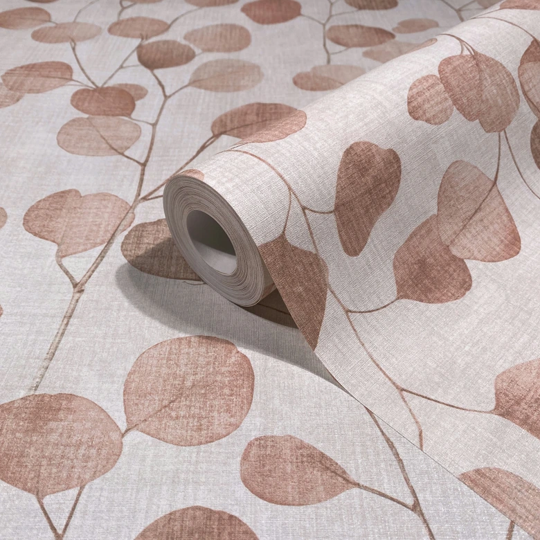 Non-woven wallpaper in beige leaves leaf look floral nature  