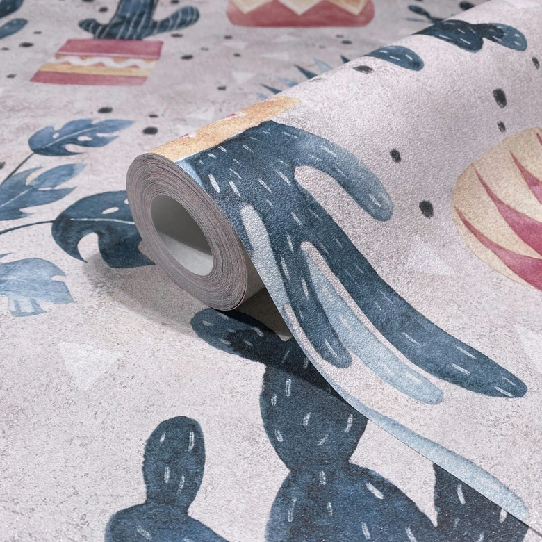 Non-woven tapet i grått grönt rött blommor växter blommig natur modern  