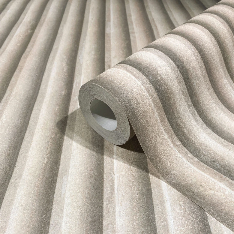 Vliesbehang in grijs-beige 3D-look akoestische paneellook houtstrepen klassiek  