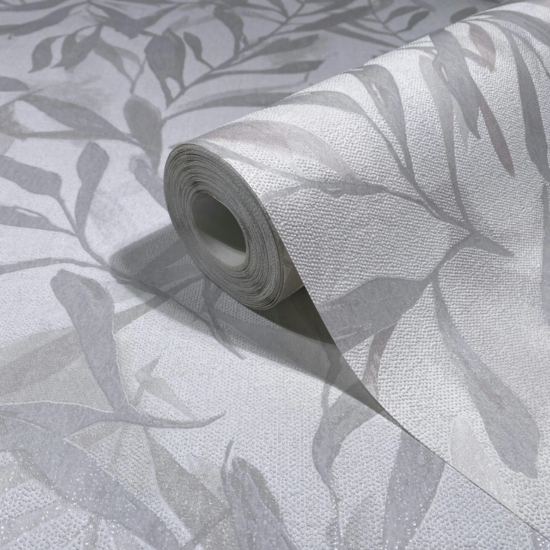 Papel pintado no tejido blanco gris hojas aspecto vintage floral naturaleza  