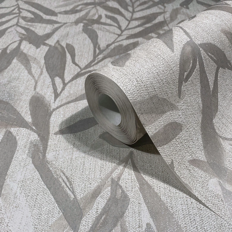 Vliestapete in Beige Grau Blätter Blattoptik Vintage Floral Natur  