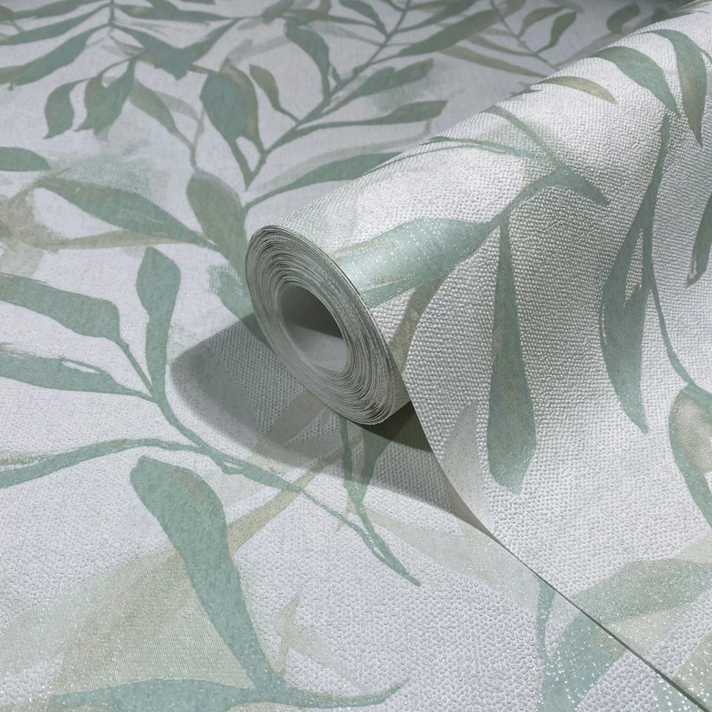 Vliesbehang in wit groen bladlook vintage bloemige natuur  