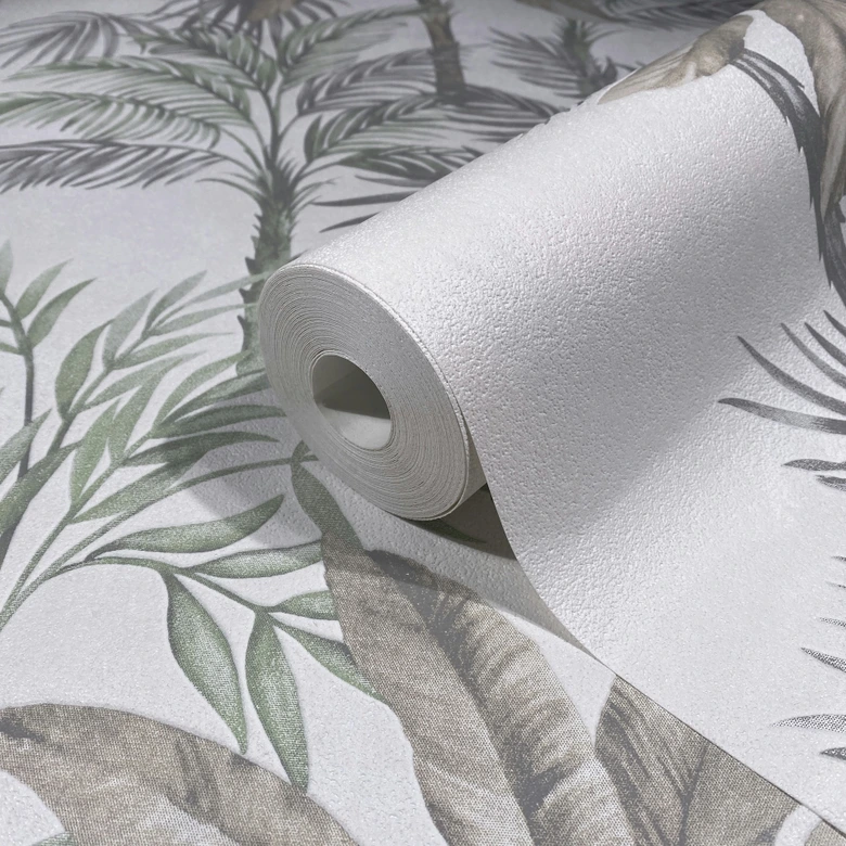 Vliestapete in Grau Grün Bäume Blätter Dschungel Floral Natur  