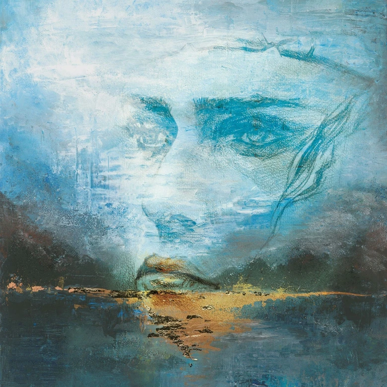 Wall Mural in Blue with Abstract Face Graphic Nature 2.70 x 2.12m 