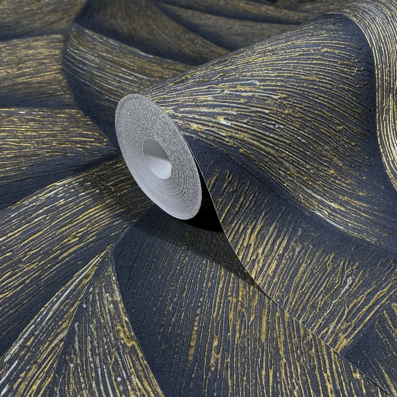 Vliesbehang in zwart, goud 3D-look golvend grafisch modern 