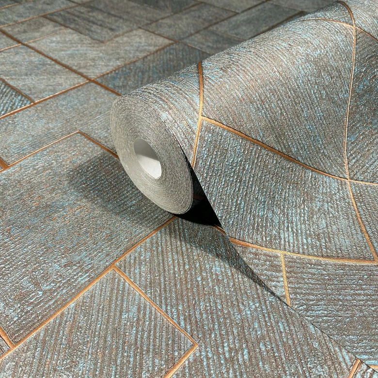 Vliesbehang in blauw, koper geblokt, grafisch geometrisch ruitpatroon 