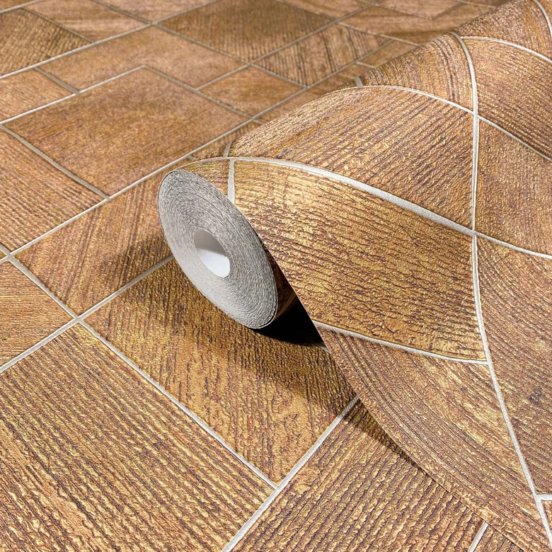Vliesbehang in goud geblokt, grafisch geometrisch ruitpatroon 