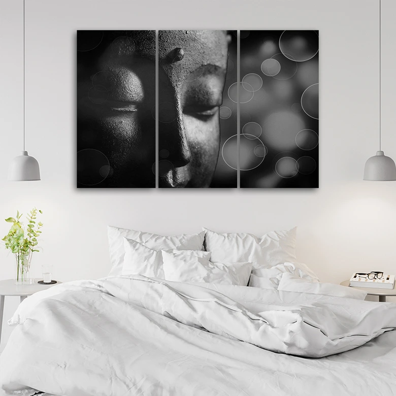 3-delige canvas print Boeddhabeeld zwart en wit 