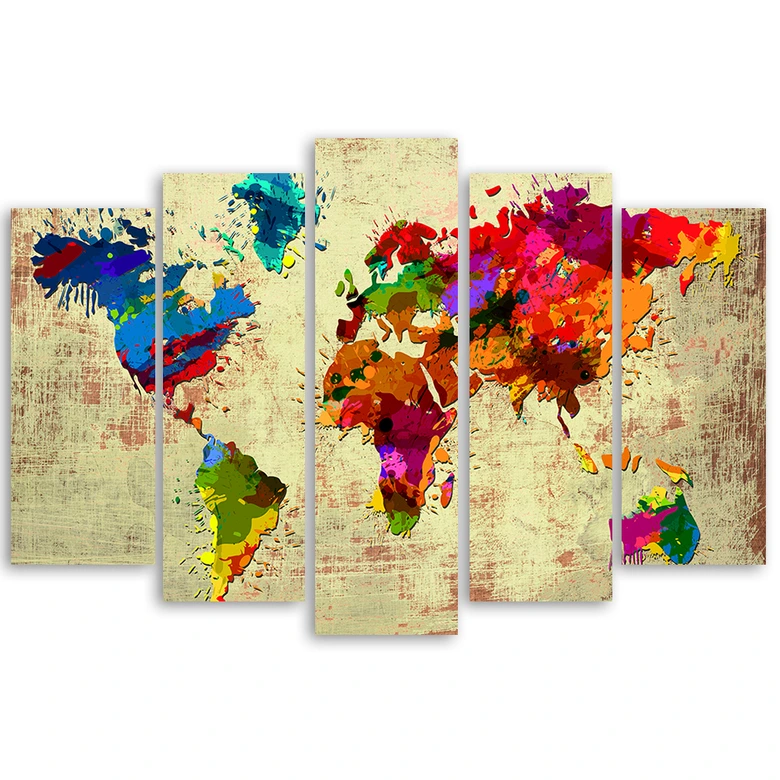 Leinwandbild 5 teilig, Bunte Weltkarte 