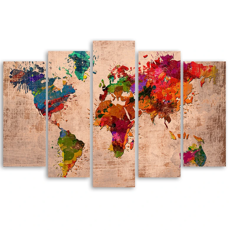 Leinwandbild 5 teilig, Bunte Weltkarte 