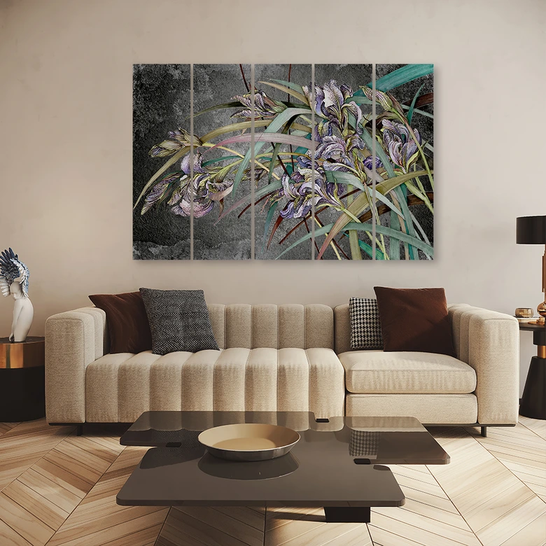 Leinwandbild 5 teilig, Iris Blumen im Wind 