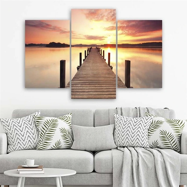 Leinwandbild 3-teilig, Steg See Sonnenuntergang 