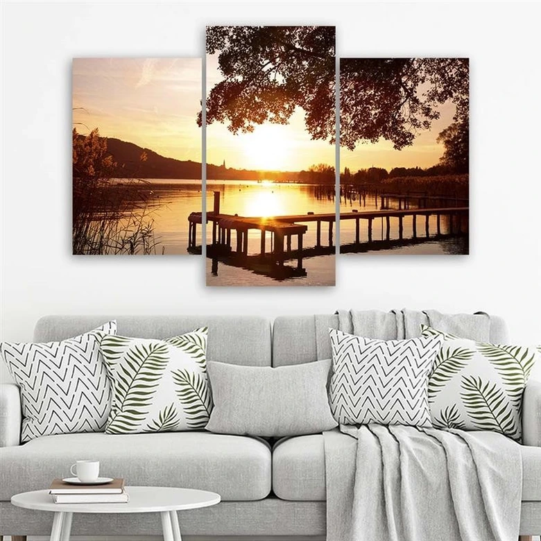 Leinwandbild 3-teilig, Sonnenuntergang See 