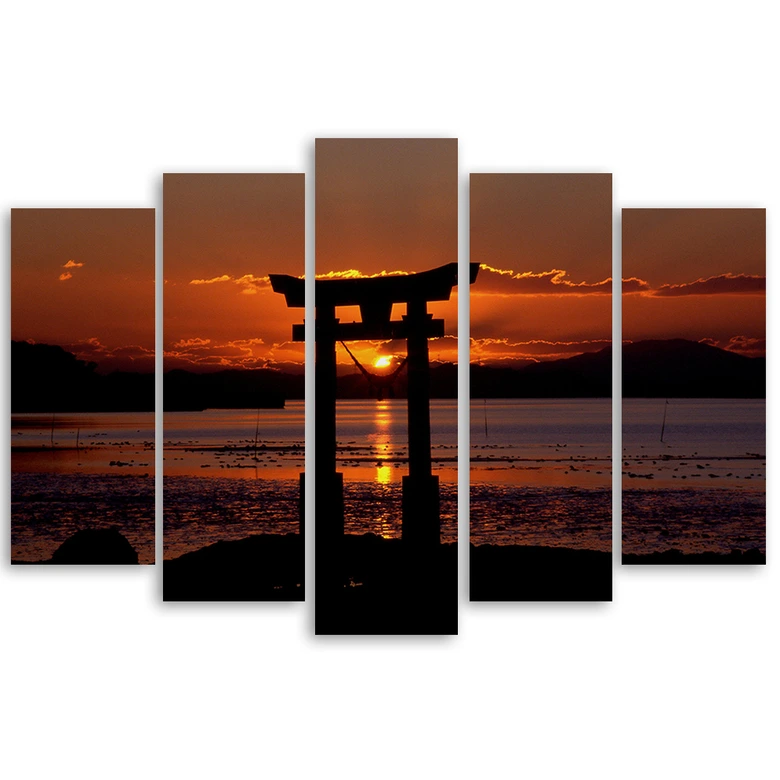 Leinwandbild 5 teilig, Torii-Tor bei Sonnenuntergang 