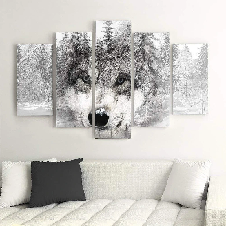 Wandbild 5-teilig, Wolf Wald Tier Grau 