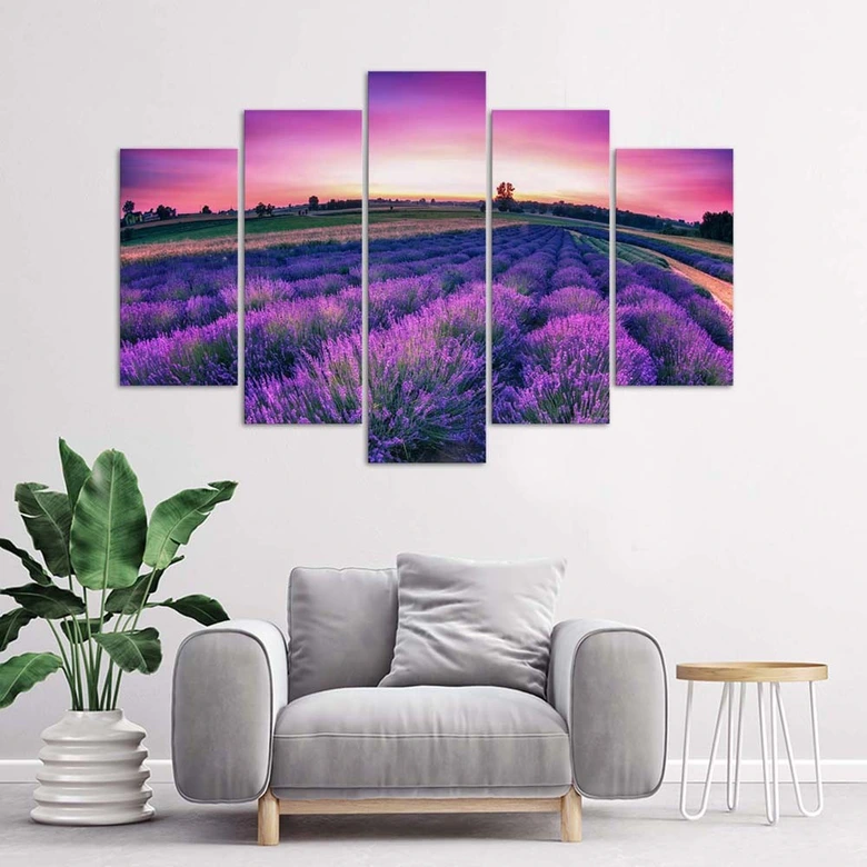 Leinwandbild 5 teilig, Lavendel Lila Feld 