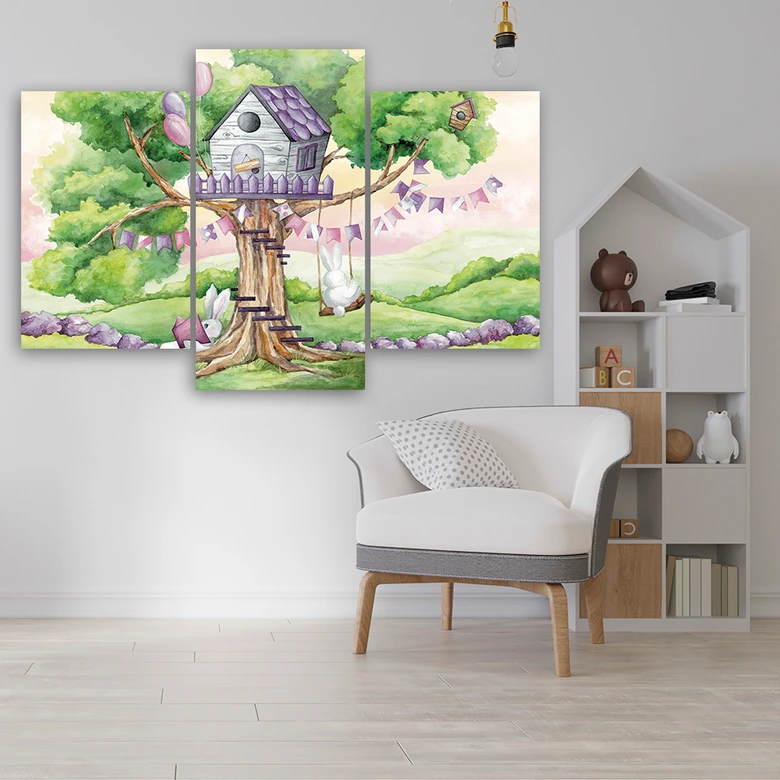 Leinwandbild 3 teilig, Weiße Kaninchen Hütte auf dem Baum 