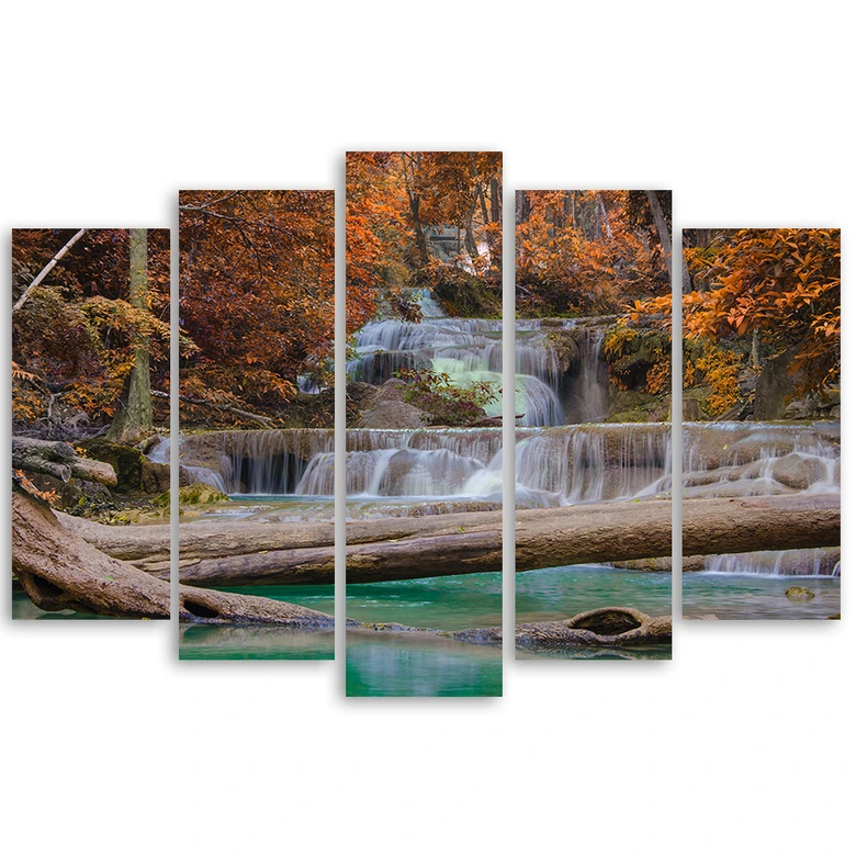 Leinwandbild 5 teilig, Wasserfall Herbst Wald 