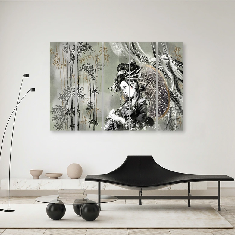 Leinwandbild 5 teilig, Geisha und Bambus 
