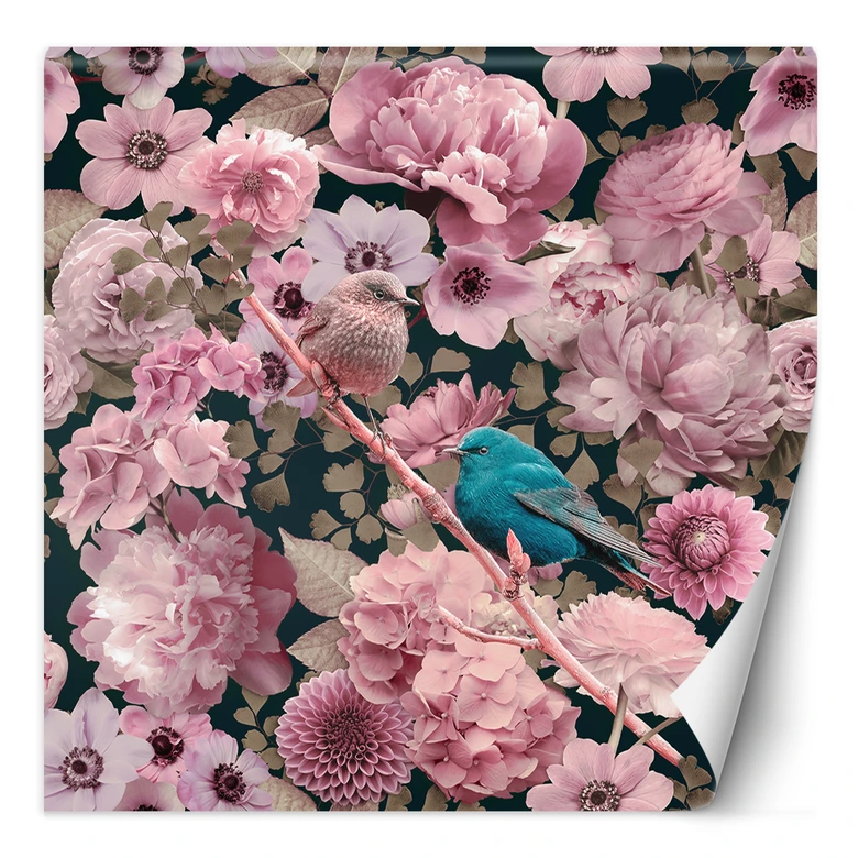 Fototapete, Blauer Vogel auf einem Hintergrund aus rosa Rosen - Andrea Haase 