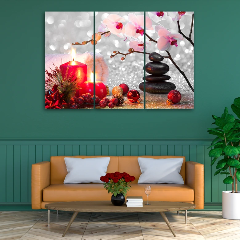 Leinwandbild 3-teilig, Kerzen Steine Blumen 