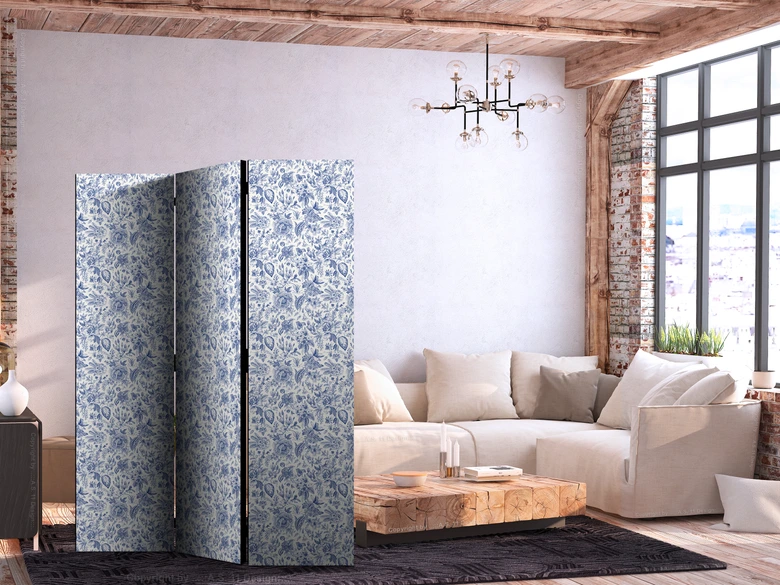 Paravent, Raumteiler freistehend, Trennwand - Vintage Blue Flowers 