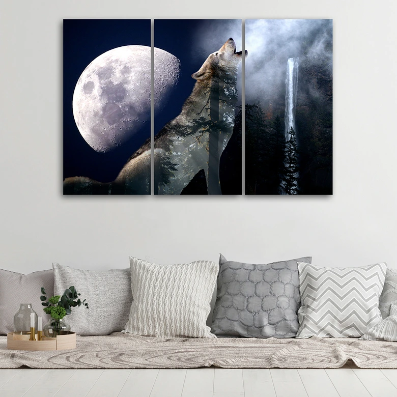 Leinwandbild 3-teilig, Wolf Natur Mond Nebel 
