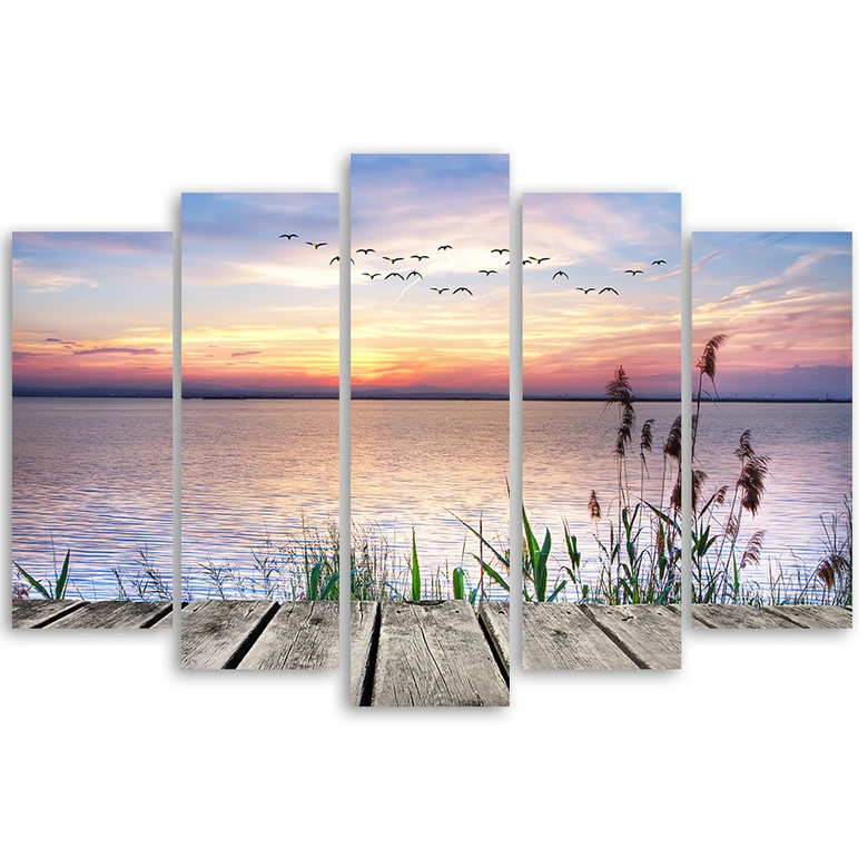 Leinwandbild 5 teilig, Steg Strand Sonnenuntergang  